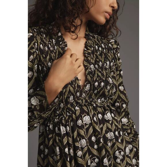 Sold! New W/Tag Anthropologie Black Floral Long Sleeve Ruffle Mini Dress Small - Picture 3 of 13